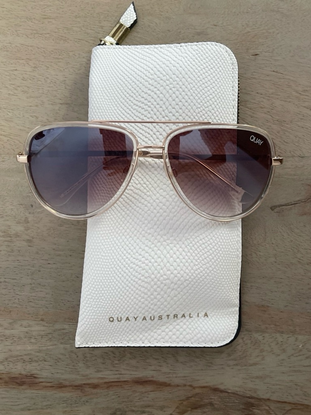 Quay Australia Rose Gold Aviator Sunglasses with Pink-Brown Gradient Lenses